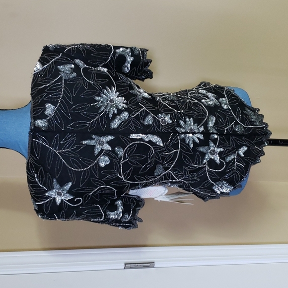 Laurence Kazar NWT Black 100% Silk Sequined & Beaded Blouse - Picture 5 of 11